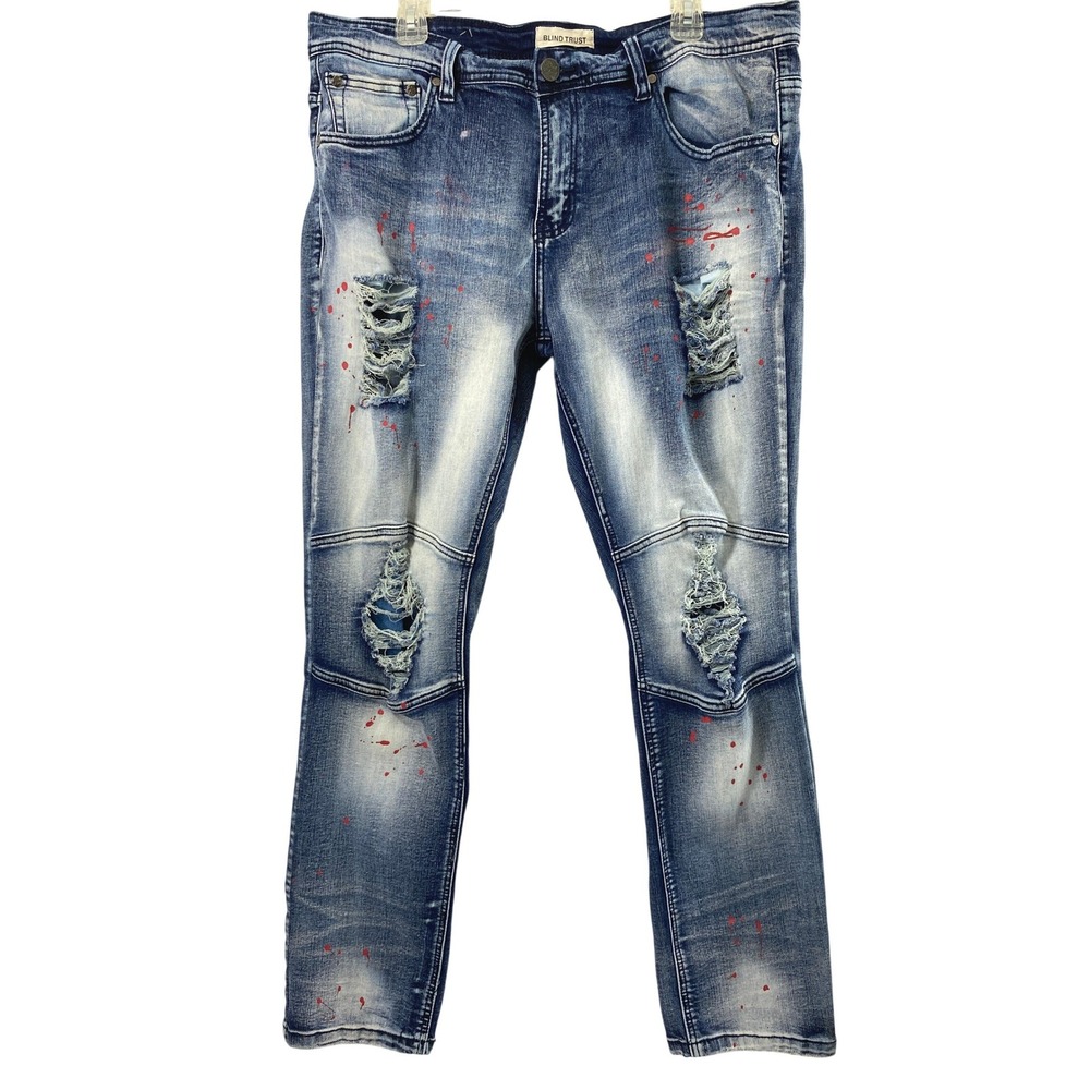 Blind Trust Jeans Men 40/32 Distressed Moto Red Paint Splatter Streetwear Grunge